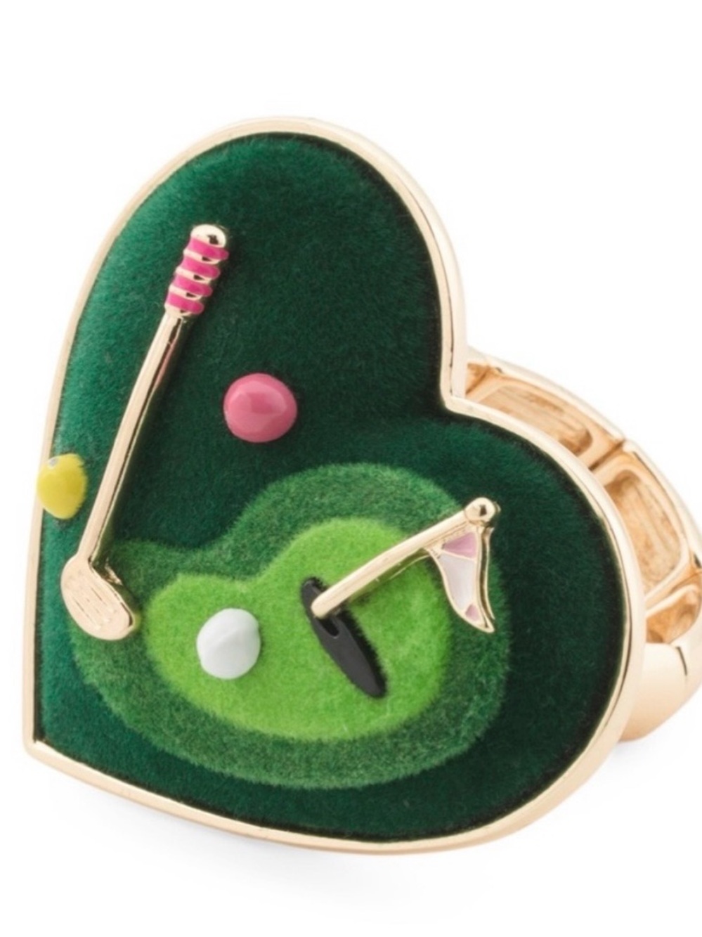 Betsey Johnson Green Heart Golf Enamel & Felt Ring with Pink Accents
